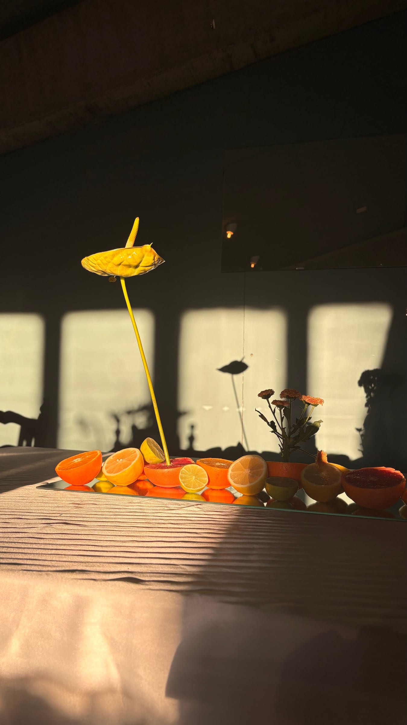 Flores amarillas y naranjas sobre una mesa con luz de tarde