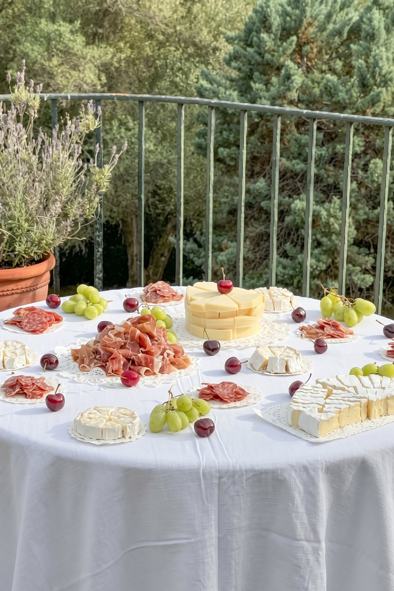 Mesa con quesos, embutidos, uvas y cerezas en una terraza