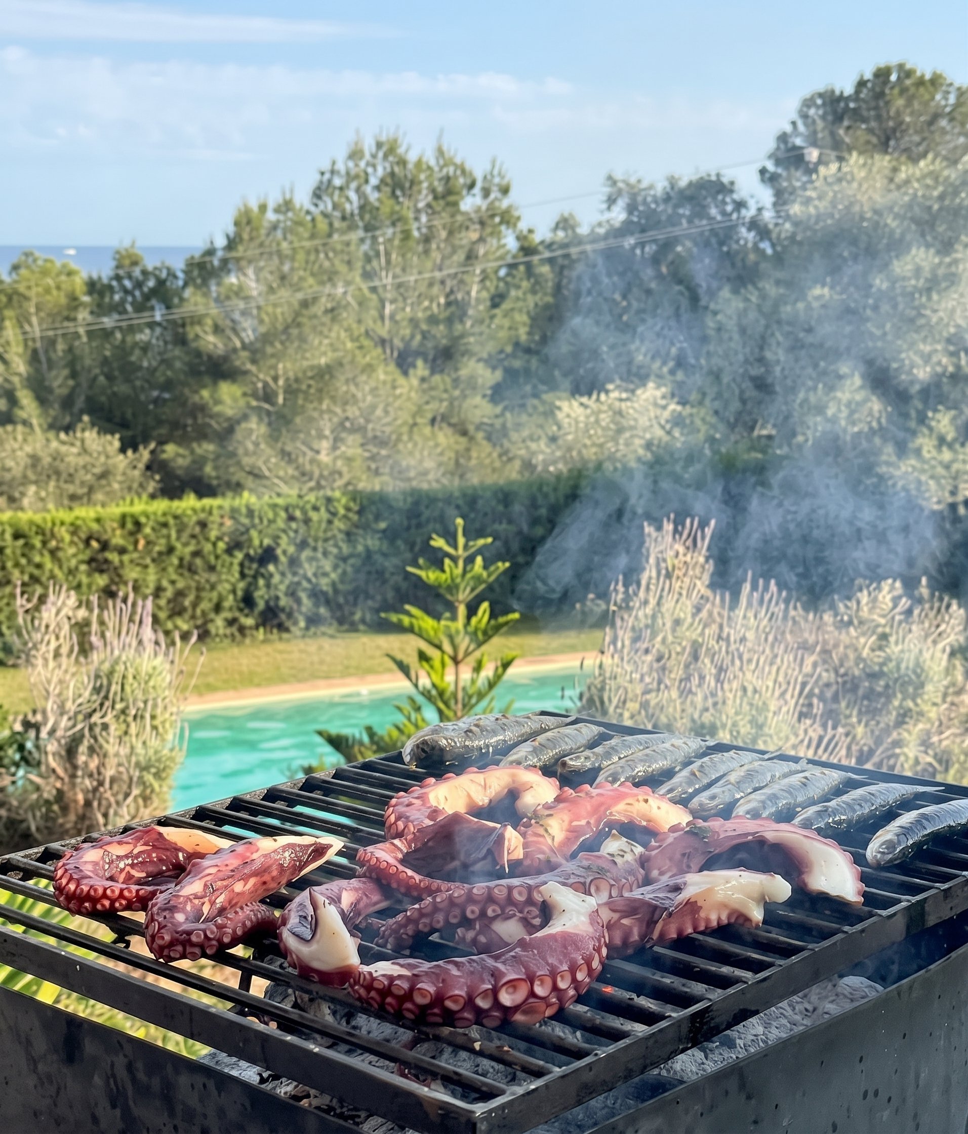 Pulpo y sardinas a la brasa junto a la piscina, con el mar al fondo
