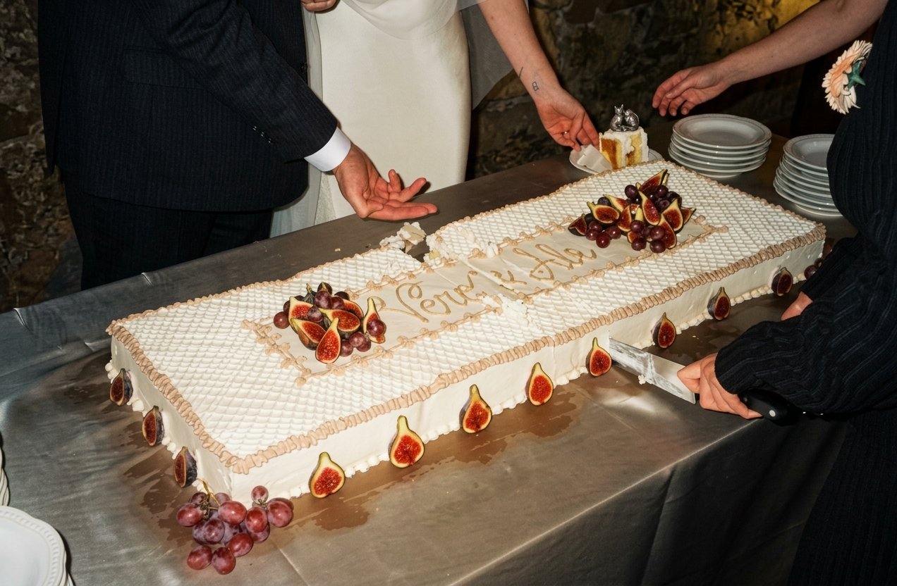 Novios cortando una tarta alargada con higos