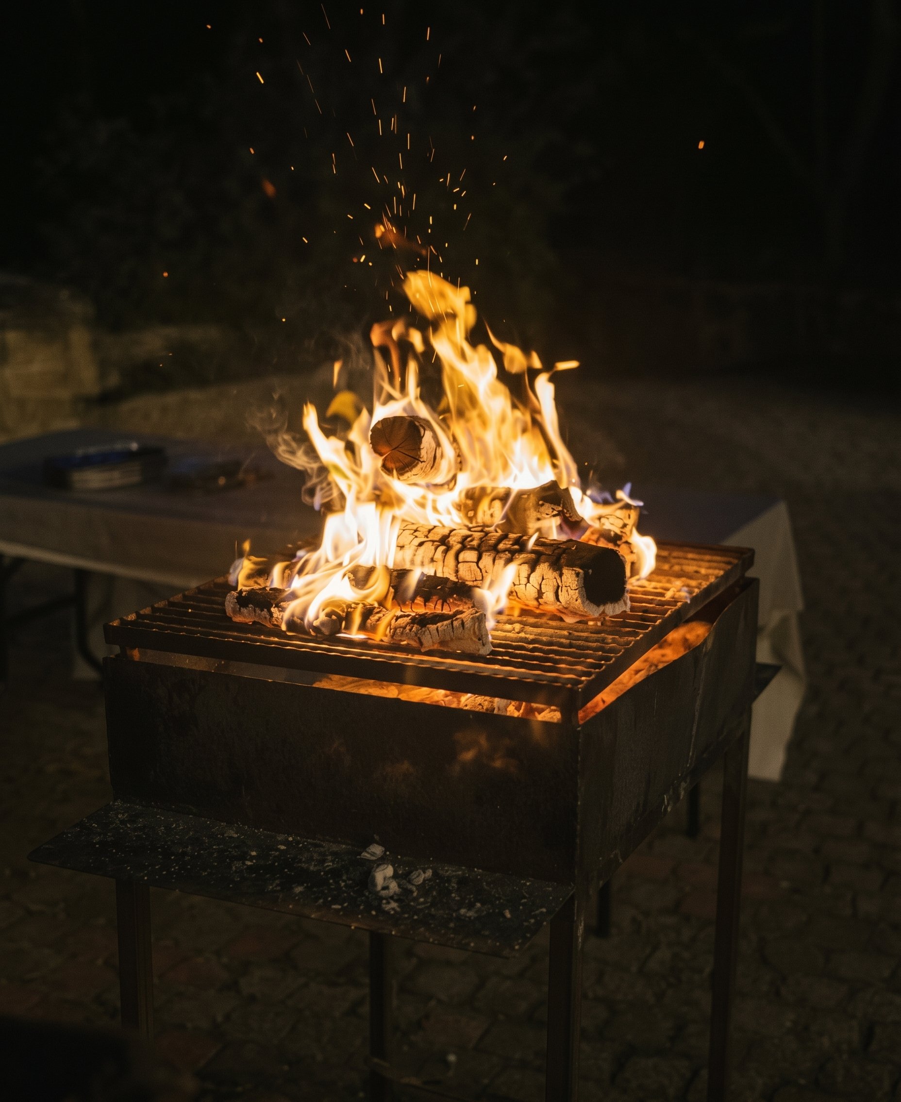Hoguera encendida en una parrilla por la noche